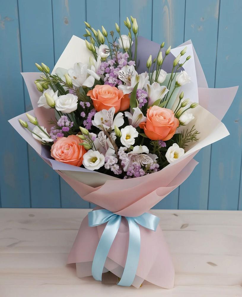 Букет цветов из: Лизиантусы, Розы, Альстромерии и Гипсофила в Партизан